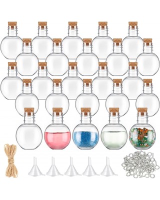 1oz Plastic Mini Potion Bottles with Corks Spherical Small Sand Art jar Tiny Clear Ball Shape Liquor Bottles Bulk Wishing Vial for Birthday Halloween Party Favor DIY Crafts Gift