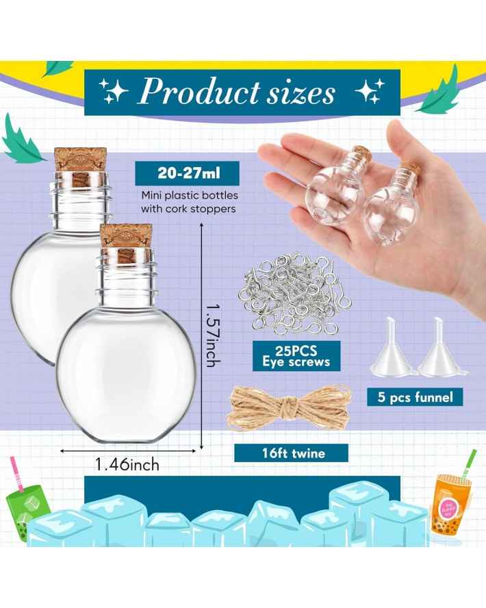 1oz Plastic Mini Potion Bottles with Corks Spherical Small Sand Art jar Tiny Clear Ball Shape Liquor Bottles Bulk Wishing Vial for Birthday Halloween Party Favor DIY Crafts Gift