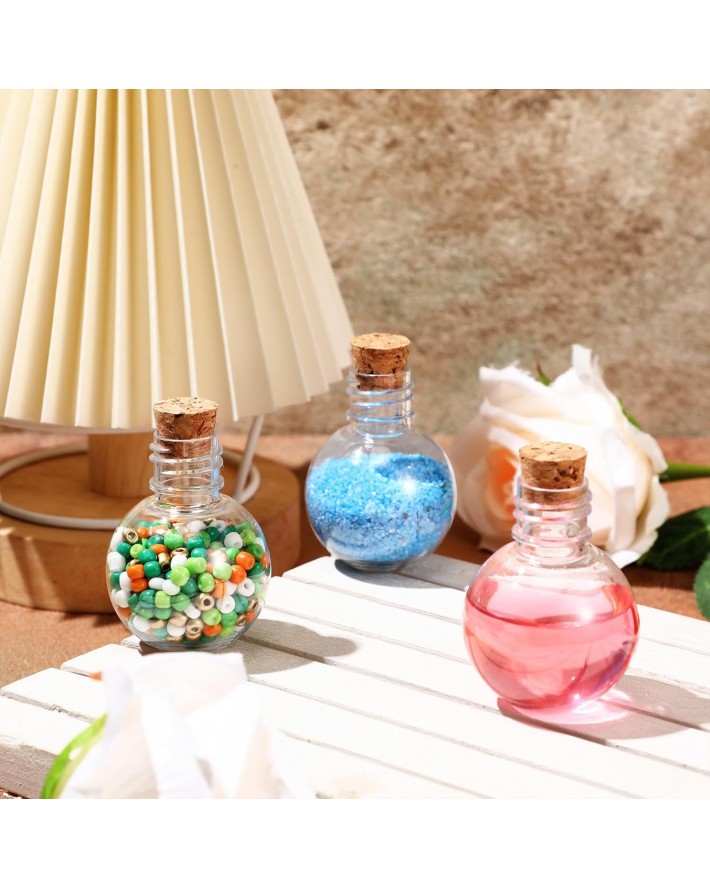 1oz Plastic Mini Potion Bottles with Corks Spherical Small Sand Art jar Tiny Clear Ball Shape Liquor Bottles Bulk Wishing Vial for Birthday Halloween Party Favor DIY Crafts Gift