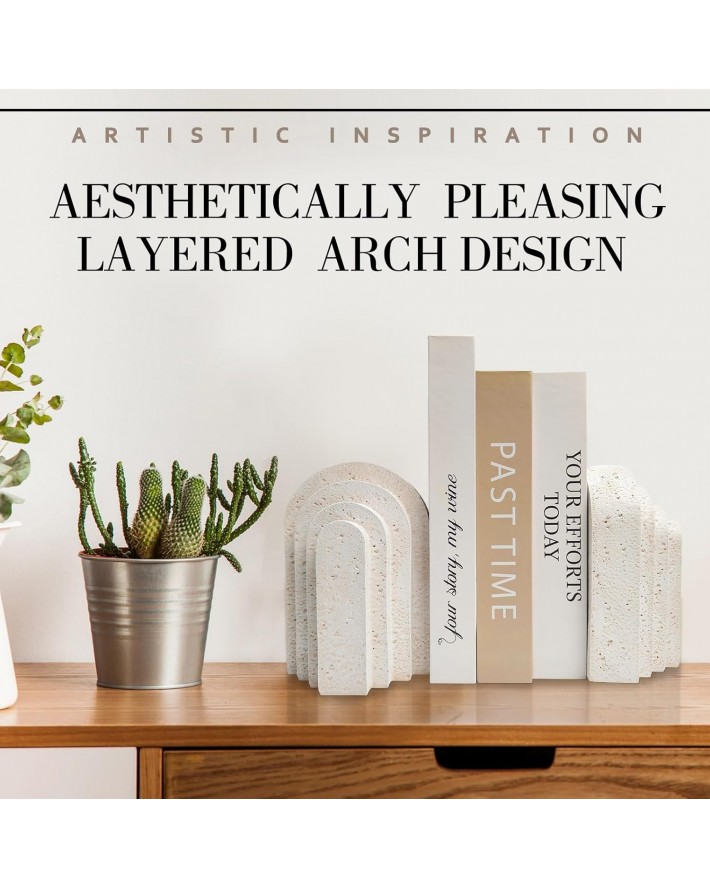 Heavy Duty Book Ends for Shelves, Decorative Book Stopper for Shelves, Resin Decor Bookends for Heavy Books, Modern Home Decor Aesthetic Bookend Aesthetically Pleasing Layered Arch Design, Set of 2