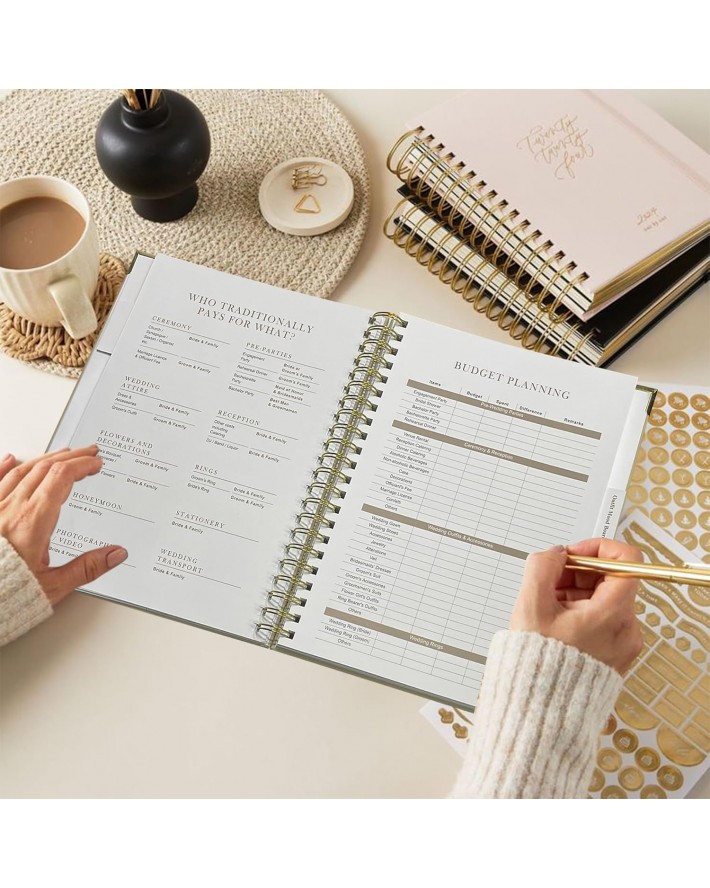 Wedding Planner Book and Organizer for Bride - Elegant Linen Cover Wedding Planning Binder with Checklists,Pockets & Calendars,Perfect Engagement Gifts for Couples