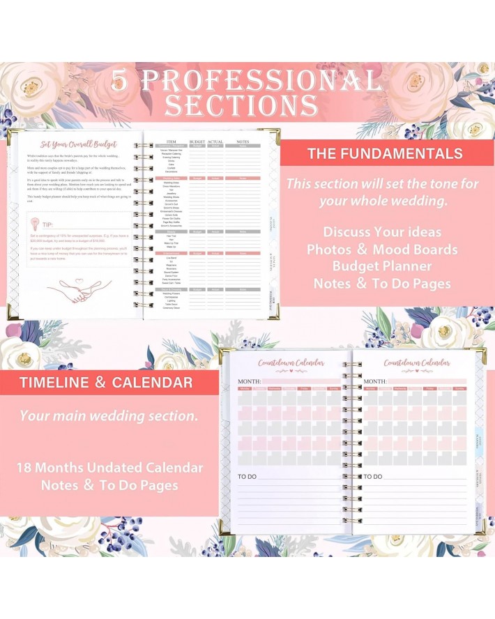 Wedding Planner - Wedding Planner Book and Organizer for The Bride with 5 Tabbed Sections, Hardcover with Metal Corner + 5 Inner Pocket + Sticker + Notes Pages