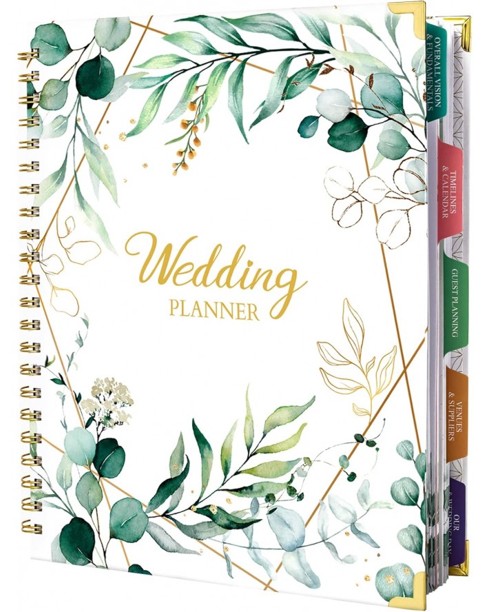 Wedding Planner & Organizer - Wedding Planner Book and Organizer for the Bride, Diary Engagement Gift Book, Hardcover + Metal Corner + 5 Inner Pockets + Sticker + Elastic Closure
