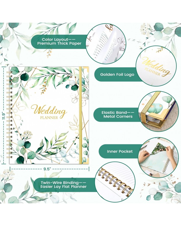 Wedding Planner & Organizer - Wedding Planner Book and Organizer for the Bride, Diary Engagement Gift Book, Hardcover + Metal Corner + 5 Inner Pockets + Sticker + Elastic Closure