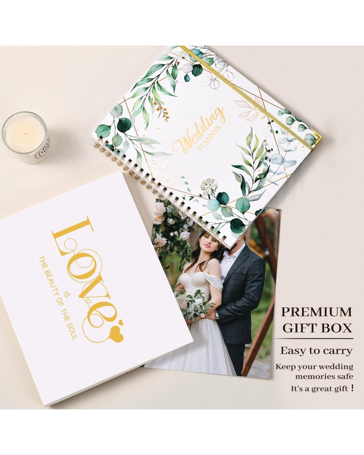 Wedding Planner & Organizer - Wedding Planner Book and Organizer for the Bride, Diary Engagement Gift Book, Hardcover + Metal Corner + 5 Inner Pockets + Sticker + Elastic Closure