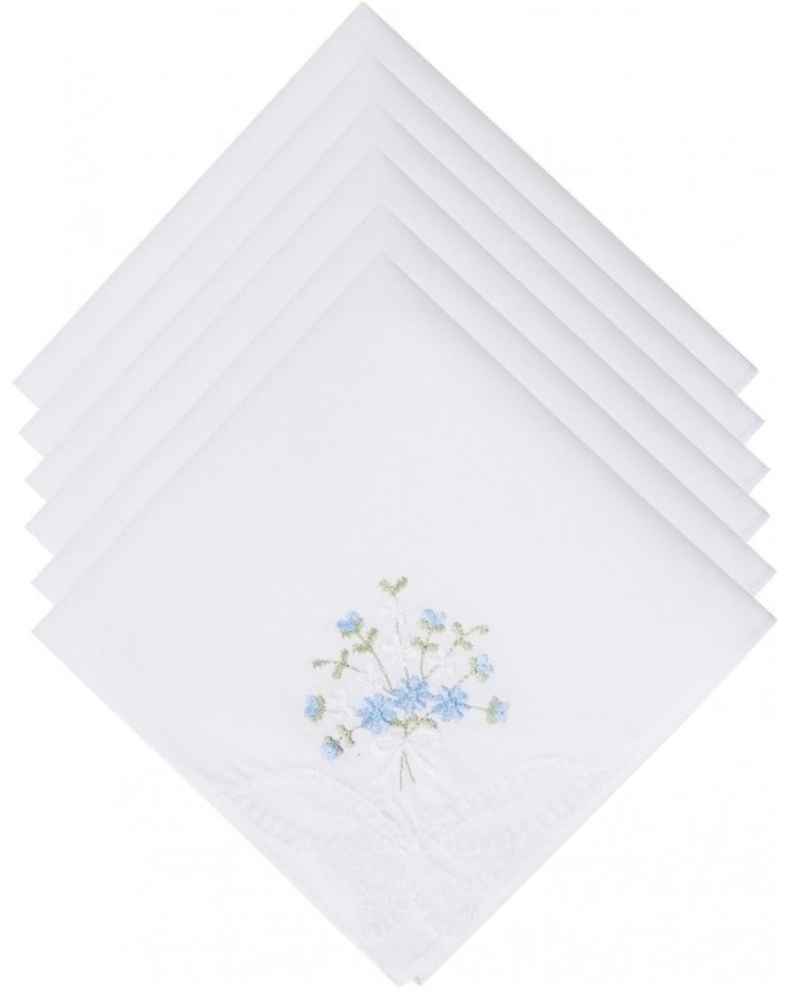 Selected Hanky Women's Cotton Handkerchiefs Flower Embroidered with Lace, Ladies Hankies 6 Pcs