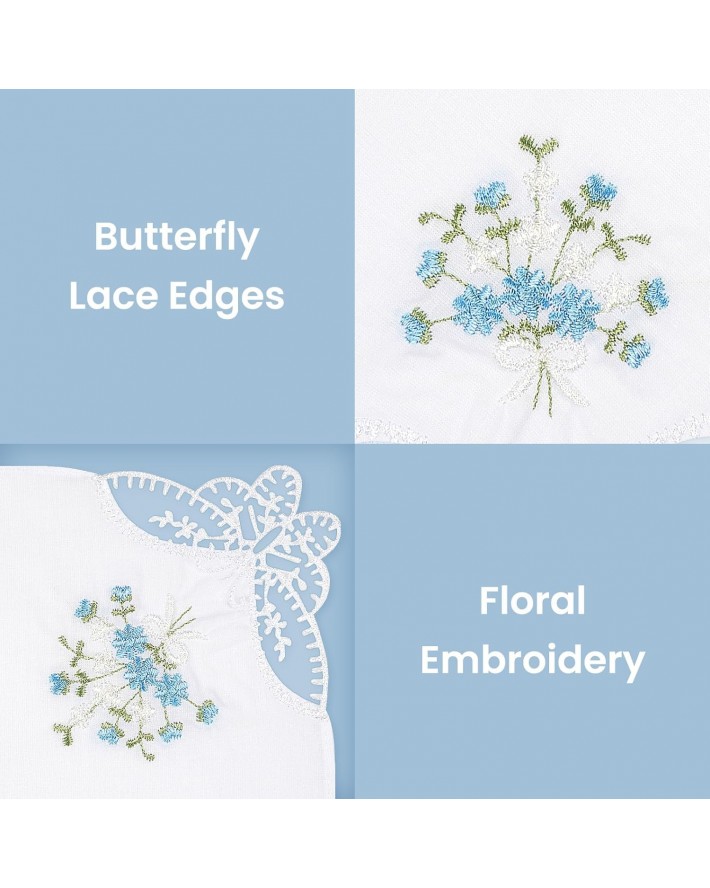Selected Hanky Women's Cotton Handkerchiefs Flower Embroidered with Lace, Ladies Hankies 6 Pcs