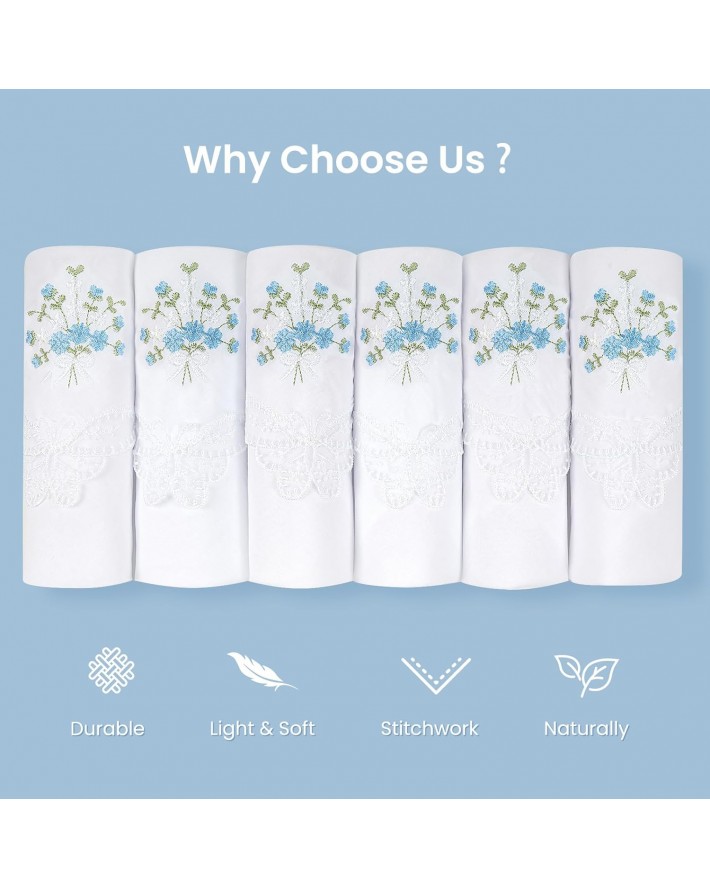 Selected Hanky Women's Cotton Handkerchiefs Flower Embroidered with Lace, Ladies Hankies 6 Pcs