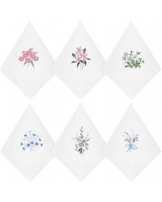 6Pcs Ladies Handkerchiefs Cotton Handkerchiefs for Women Vintage Floral Embroidered Hankies with Lace Edge White Soft Lace Handkerchief for Wedding Party