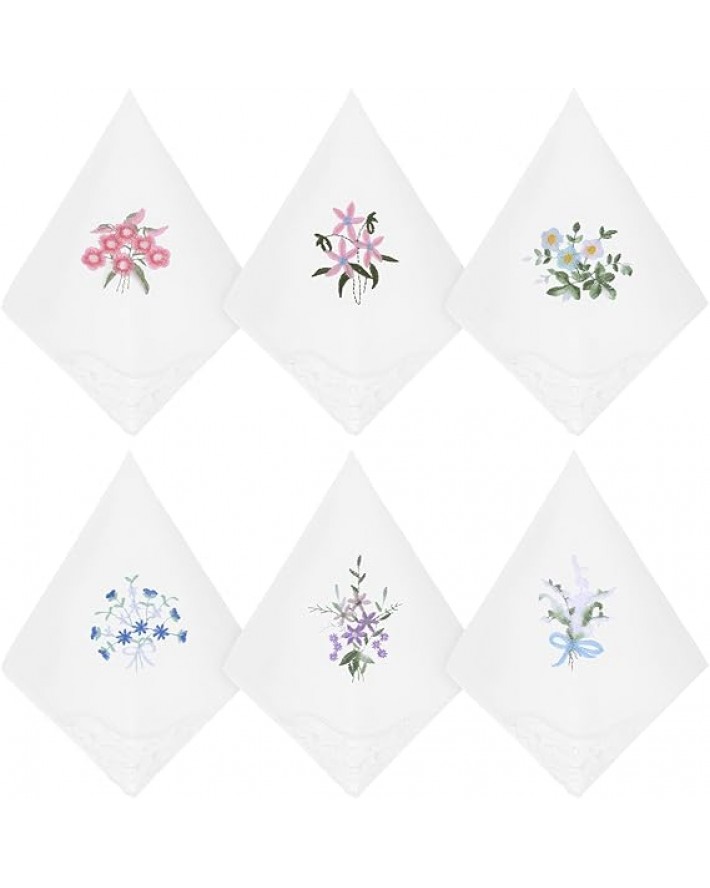 6Pcs Ladies Handkerchiefs Cotton Handkerchiefs for Women Vintage Floral Embroidered Hankies with Lace Edge White Soft Lace Handkerchief for Wedding Party