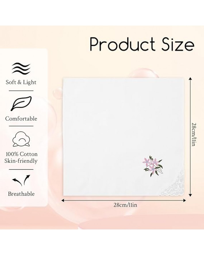 6Pcs Ladies Handkerchiefs Cotton Handkerchiefs for Women Vintage Floral Embroidered Hankies with Lace Edge White Soft Lace Handkerchief for Wedding Party