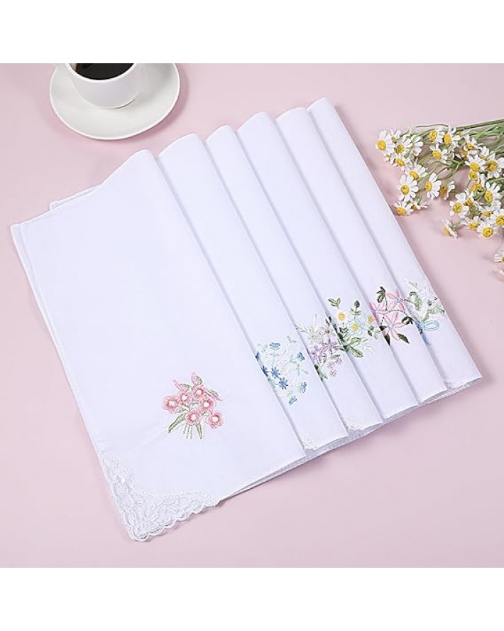 6Pcs Ladies Handkerchiefs Cotton Handkerchiefs for Women Vintage Floral Embroidered Hankies with Lace Edge White Soft Lace Handkerchief for Wedding Party