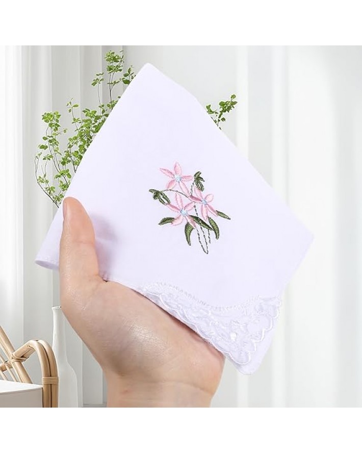 6Pcs Ladies Handkerchiefs Cotton Handkerchiefs for Women Vintage Floral Embroidered Hankies with Lace Edge White Soft Lace Handkerchief for Wedding Party