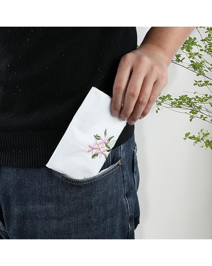 6Pcs Ladies Handkerchiefs Cotton Handkerchiefs for Women Vintage Floral Embroidered Hankies with Lace Edge White Soft Lace Handkerchief for Wedding Party