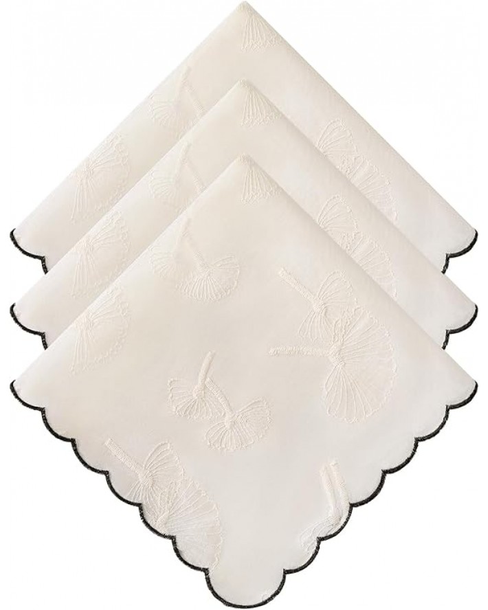 Women's Cotton Handkerchiefs Dandelion Scalloped Embroidered Ladies Hankies for Wedding Parties 3Pcs