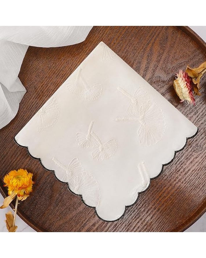 Women's Cotton Handkerchiefs Dandelion Scalloped Embroidered Ladies Hankies for Wedding Parties 3Pcs