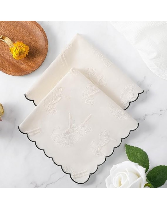 Women's Cotton Handkerchiefs Dandelion Scalloped Embroidered Ladies Hankies for Wedding Parties 3Pcs