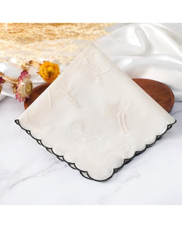 Women's Cotton Handkerchiefs Dandelion Scalloped Embroidered Ladies Hankies for Wedding Parties 3Pcs