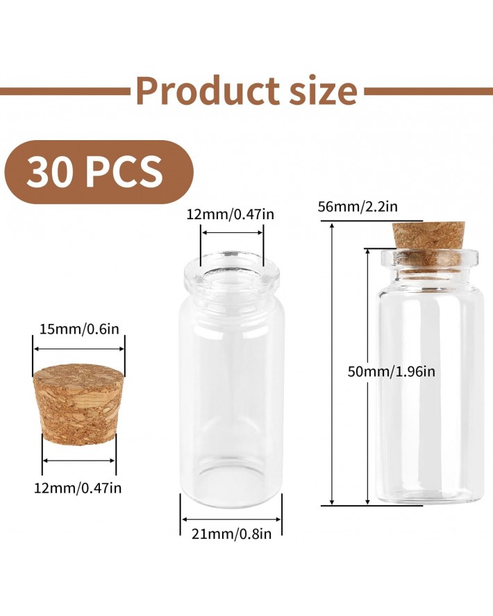 30 PCS Mini Glass Bottles, 10ml Small Glass Bottles, Vials Cork Stoppers, Spell Jars DIY Message Decoration Mini Vials for Party, Art Crafts, DIY Projects, Wedding Favors